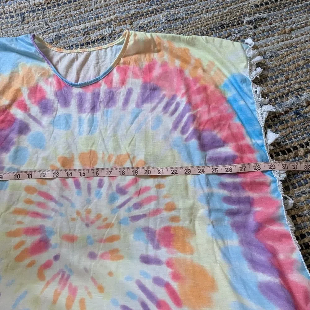 Tie Dye Swim Suit Cover Up Medium Fringe Cape Festival Boho Hippie Red Orange Ye